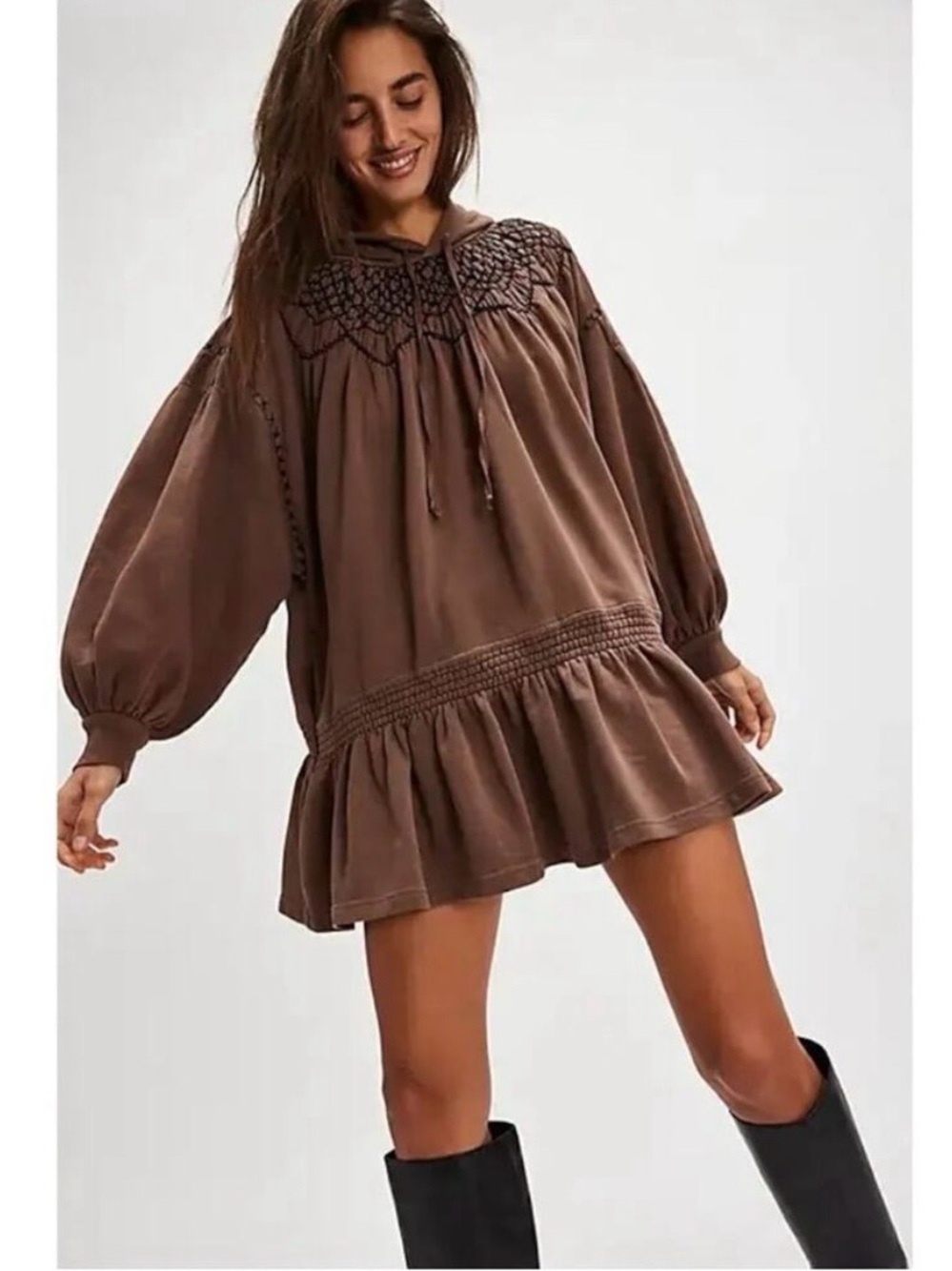 Free People Marty Smocked Hooded Mini Dress Size Large - Picture 5 of 11